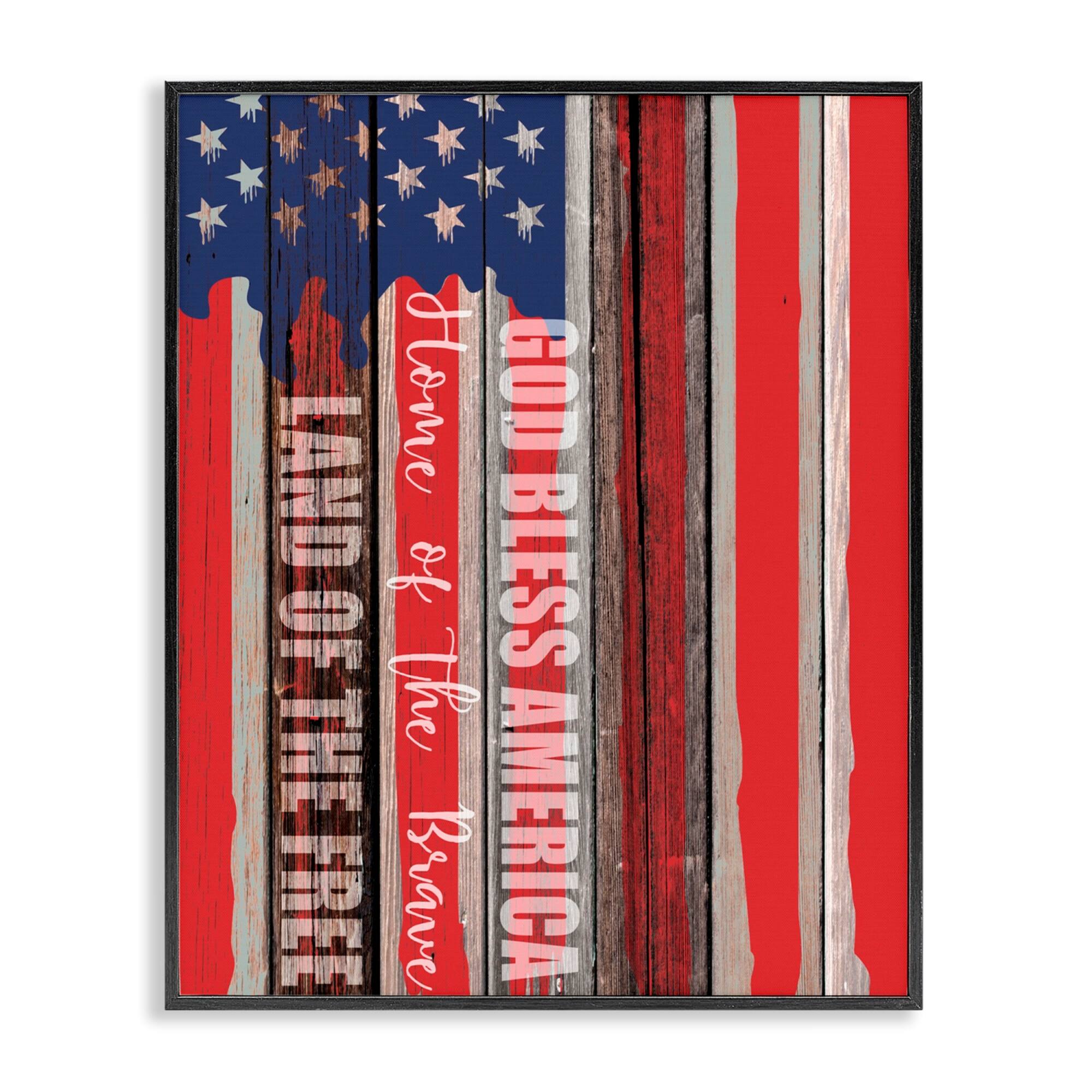 Stupell Industries God Bless America Wood Grain Flag Red White Blue Americana Framed Giclee Art